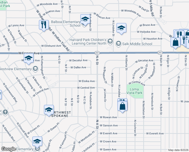 map of restaurants, bars, coffee shops, grocery stores, and more near 6019 North A Street in Spokane