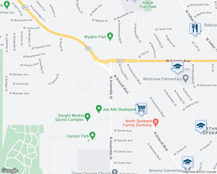 map of restaurants, bars, coffee shops, grocery stores, and more near 6022 North Assembly Street in Spokane