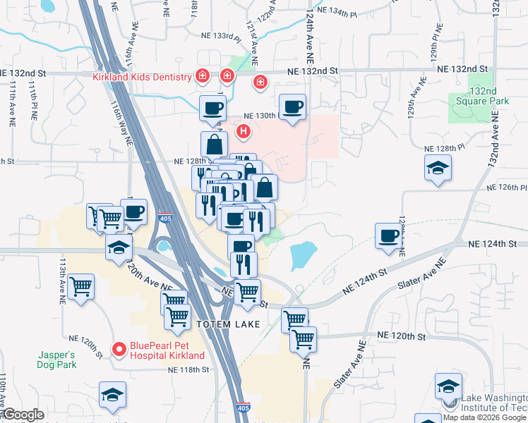 map of restaurants, bars, coffee shops, grocery stores, and more near 12215 Northeast 128th Street in Kirkland