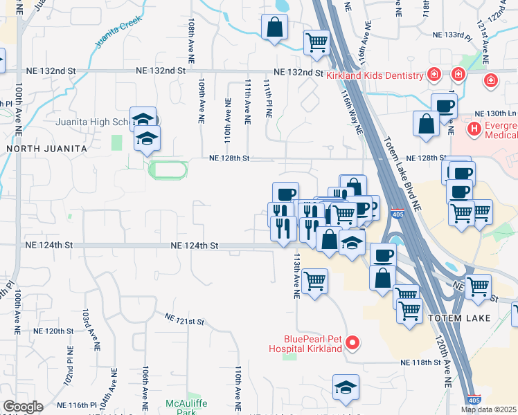 map of restaurants, bars, coffee shops, grocery stores, and more near 11106 Northeast 125th Lane in Kirkland