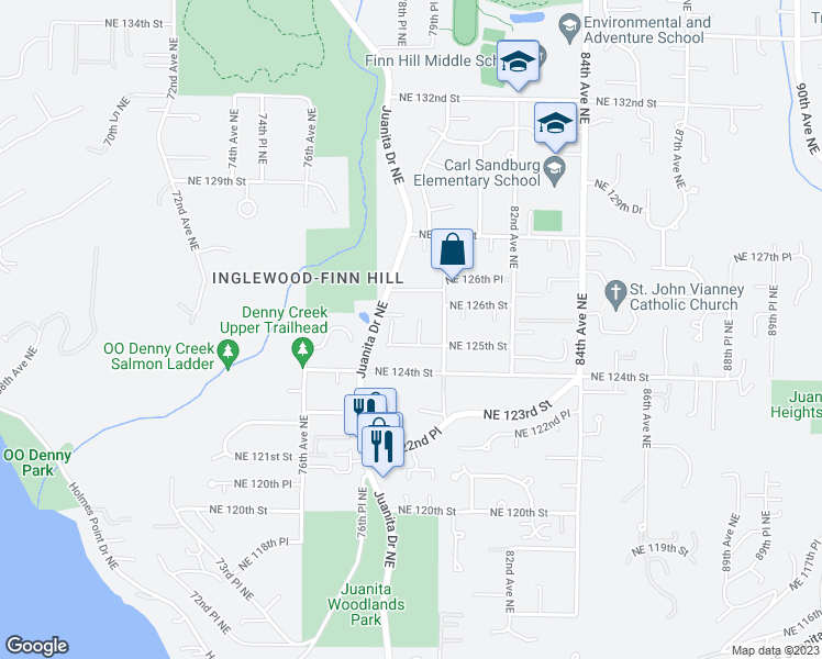 map of restaurants, bars, coffee shops, grocery stores, and more near 12602 Juanita Drive Northeast in Kirkland
