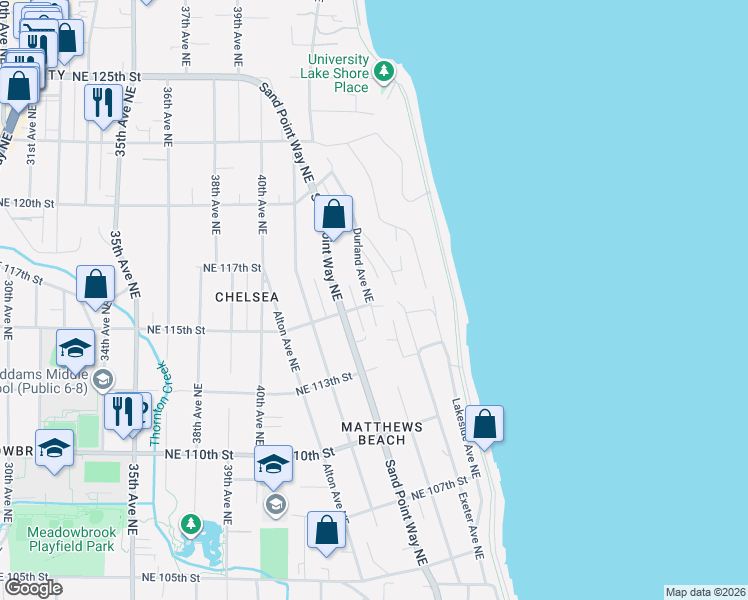 map of restaurants, bars, coffee shops, grocery stores, and more near 11527 Exeter Avenue Northeast in Seattle