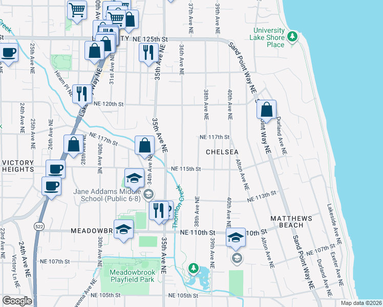 map of restaurants, bars, coffee shops, grocery stores, and more near 11531 38th Avenue Northeast in Seattle