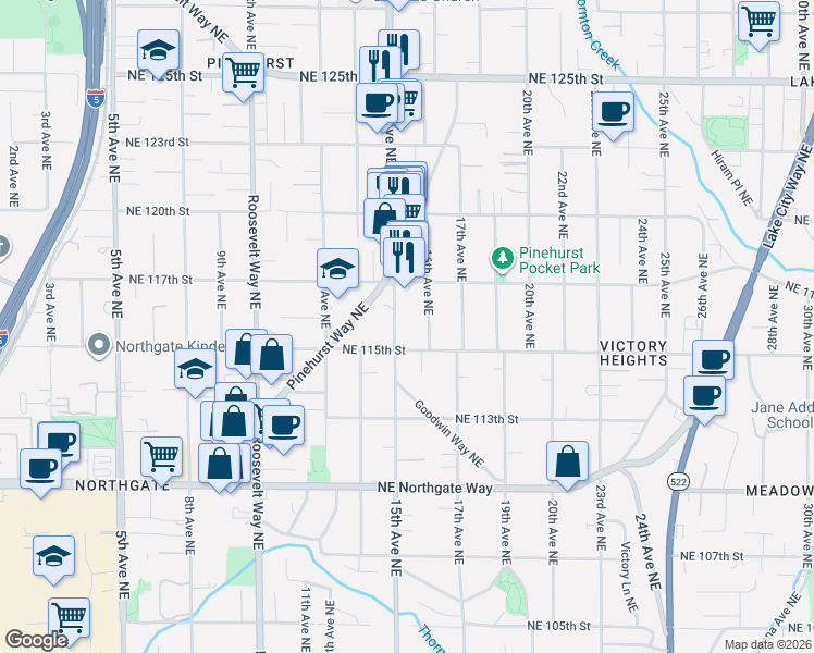 map of restaurants, bars, coffee shops, grocery stores, and more near 11545 16th Avenue Northeast in Seattle