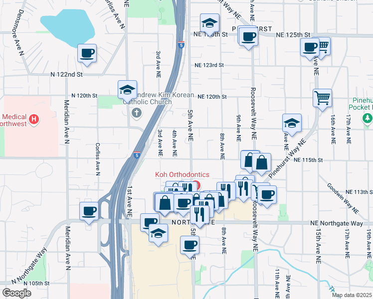 map of restaurants, bars, coffee shops, grocery stores, and more near 11545 5th Avenue Northeast in Seattle