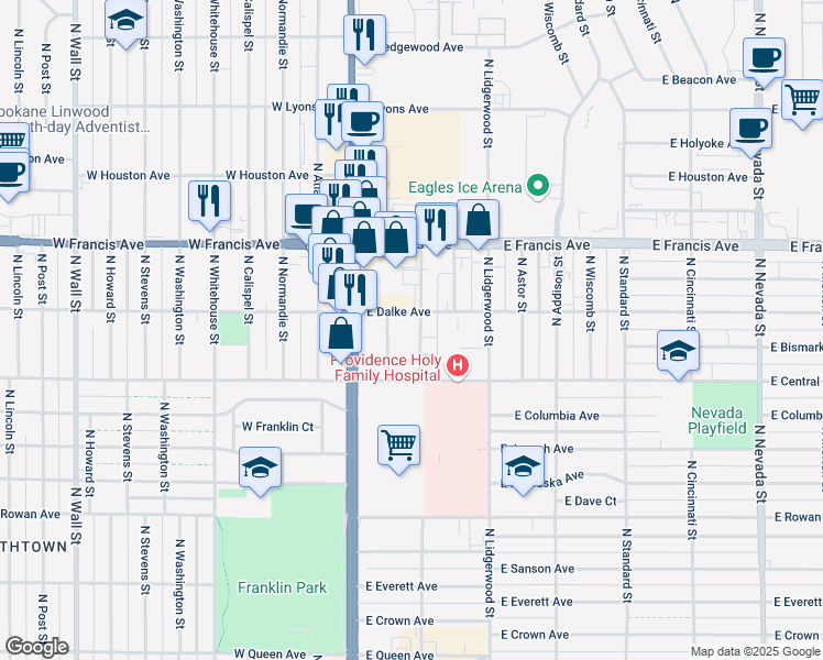 map of restaurants, bars, coffee shops, grocery stores, and more near 6021 North Mayfair Street in Spokane