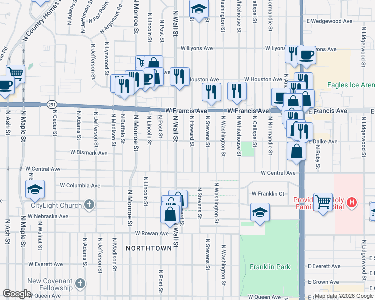map of restaurants, bars, coffee shops, grocery stores, and more near 6102 North Wall Street in Spokane