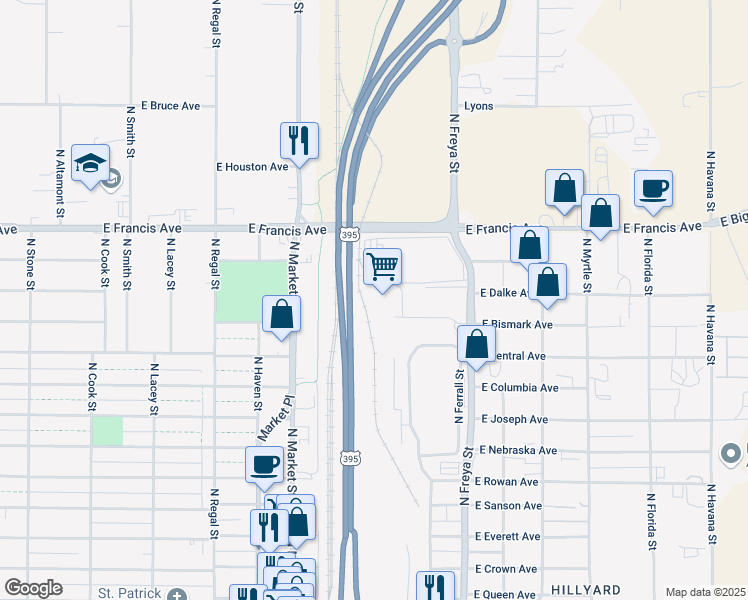 map of restaurants, bars, coffee shops, grocery stores, and more near 3412 East Bismark Court in Spokane