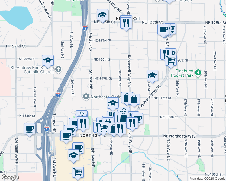 map of restaurants, bars, coffee shops, grocery stores, and more near 11544 8th Avenue Northeast in Seattle