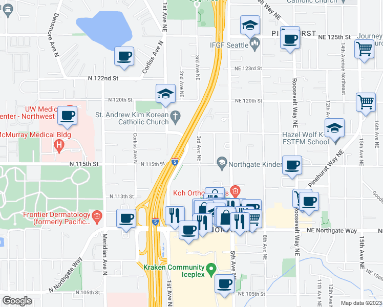 map of restaurants, bars, coffee shops, grocery stores, and more near 147 Northeast 116th Street in Seattle