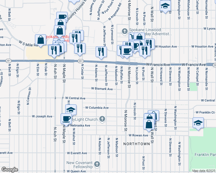 map of restaurants, bars, coffee shops, grocery stores, and more near 1130 West Bismark Avenue in Spokane