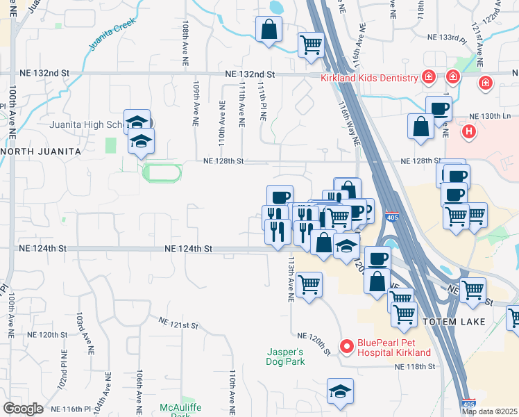 map of restaurants, bars, coffee shops, grocery stores, and more near 11103 Northeast 124th Lane in Kirkland