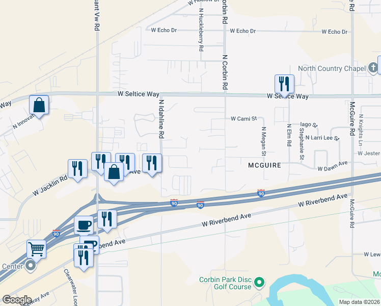 map of restaurants, bars, coffee shops, grocery stores, and more near 578 North Idahline Road in Post Falls