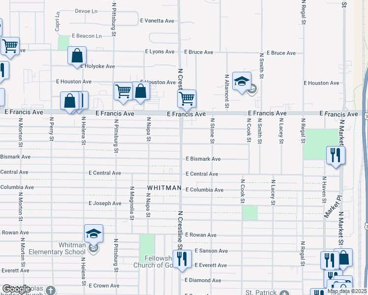 map of restaurants, bars, coffee shops, grocery stores, and more near 2111 East Dalke Avenue in Spokane