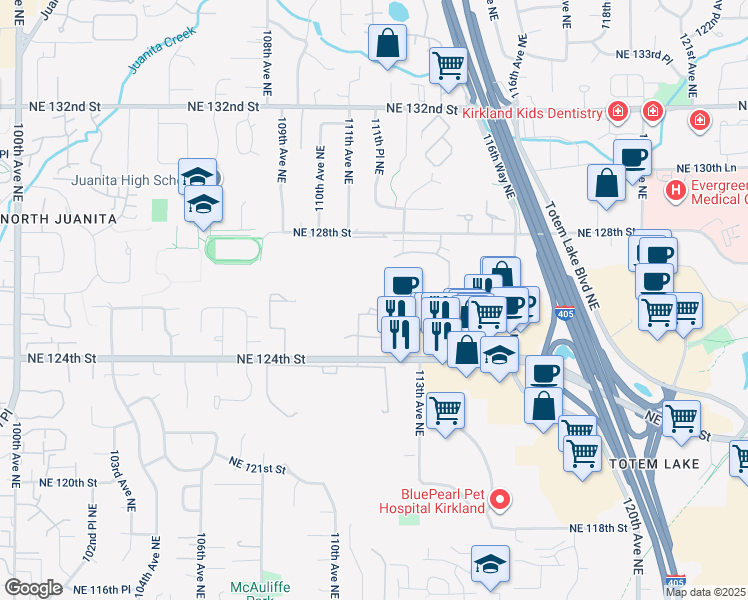 map of restaurants, bars, coffee shops, grocery stores, and more near 11106 Northeast 125th Lane in Kirkland