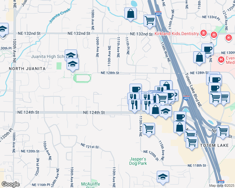 map of restaurants, bars, coffee shops, grocery stores, and more near 11106 Northeast 125th Lane in Kirkland