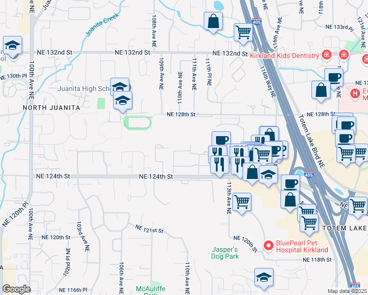 map of restaurants, bars, coffee shops, grocery stores, and more near 11008 Northeast 125th Lane in Kirkland