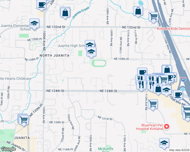 map of restaurants, bars, coffee shops, grocery stores, and more near 10620 Northeast 125th Place in Kirkland