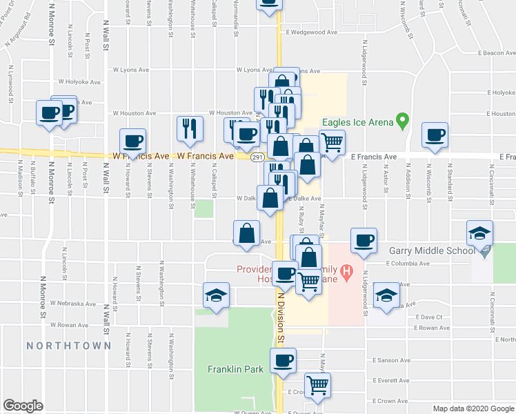 map of restaurants, bars, coffee shops, grocery stores, and more near 6019 North Atlantic Street in Spokane