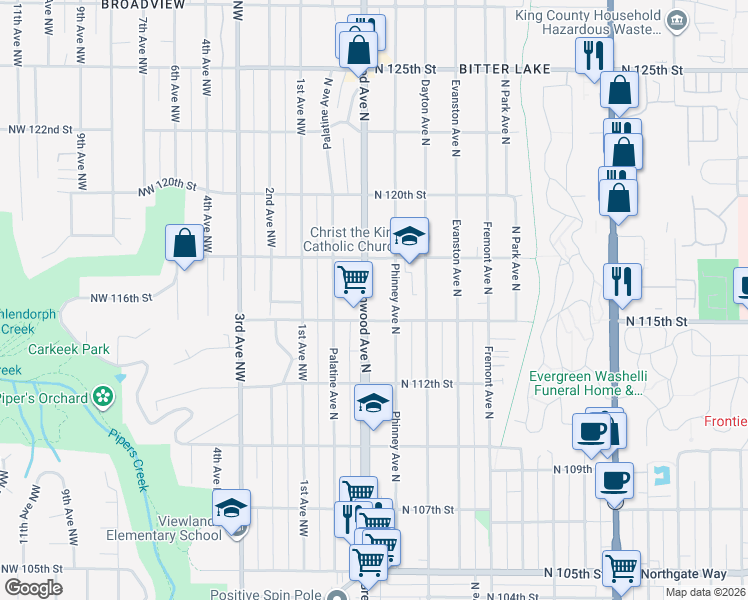 map of restaurants, bars, coffee shops, grocery stores, and more near 11540 Greenwood Avenue North in Seattle