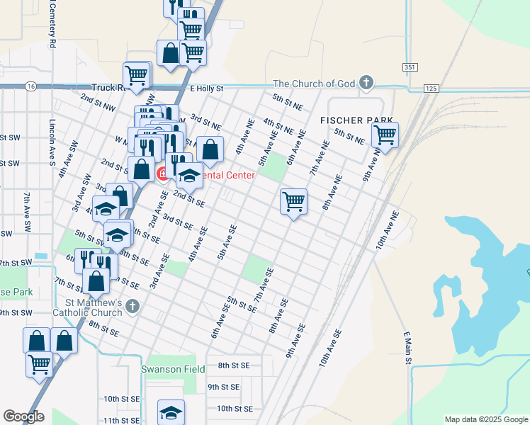 map of restaurants, bars, coffee shops, grocery stores, and more near 504 East Main Street in Sidney