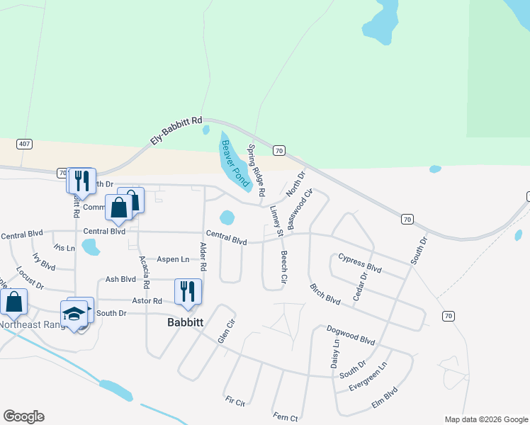 map of restaurants, bars, coffee shops, grocery stores, and more near 45 North Drive in Babbitt