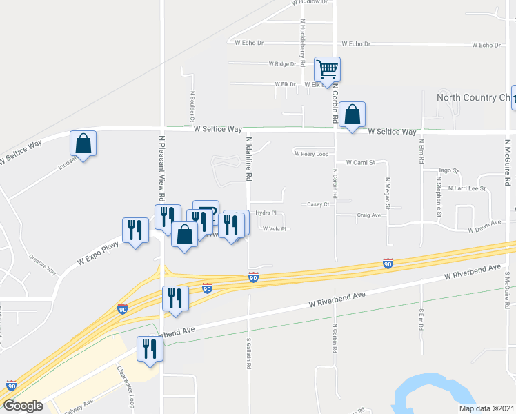 map of restaurants, bars, coffee shops, grocery stores, and more near 692 Hydra Place in Post Falls