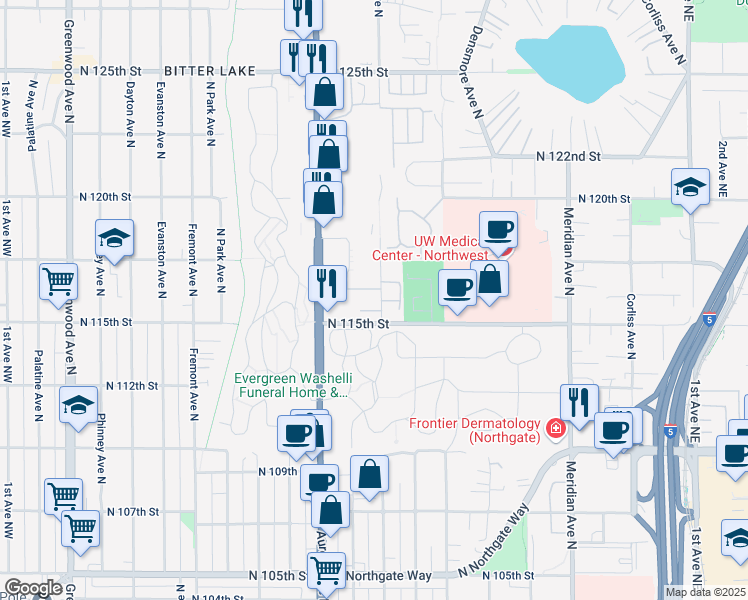 map of restaurants, bars, coffee shops, grocery stores, and more near 11513 Stone Avenue North in Seattle