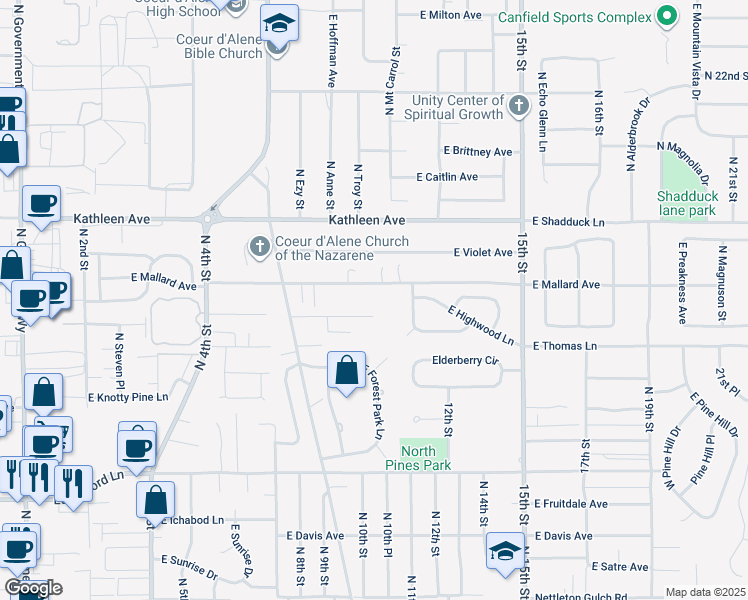 map of restaurants, bars, coffee shops, grocery stores, and more near 1055 East Timber Lane in Coeur d'Alene