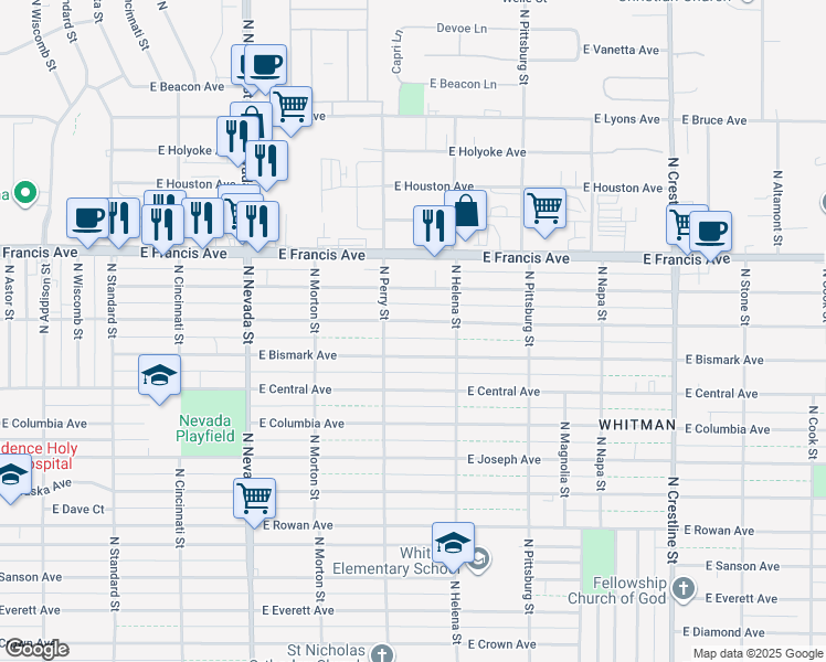 map of restaurants, bars, coffee shops, grocery stores, and more near 1505 East Dalke Avenue in Spokane