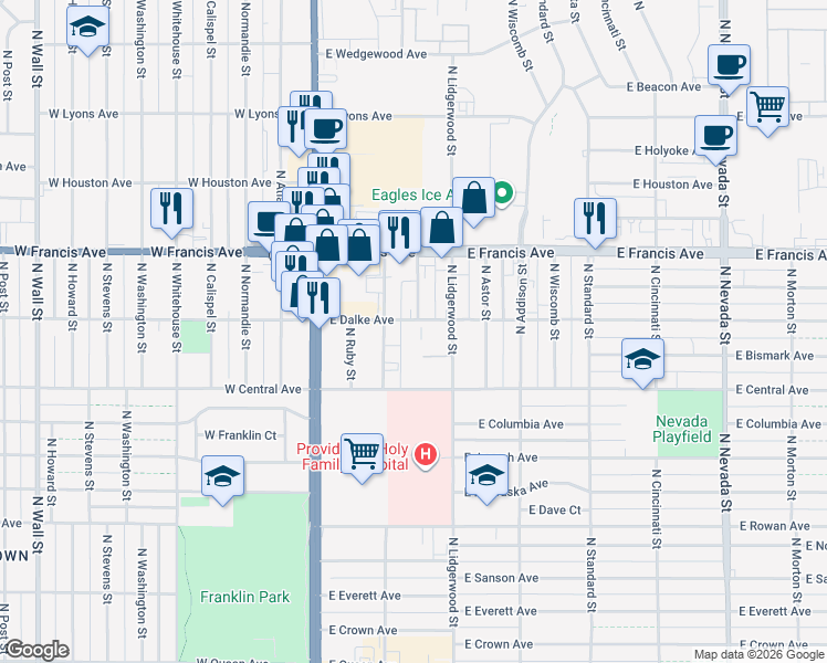 map of restaurants, bars, coffee shops, grocery stores, and more near 6104 North Mayfair Street in Spokane