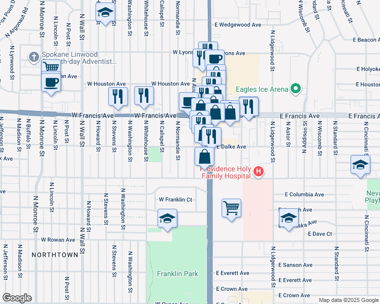 map of restaurants, bars, coffee shops, grocery stores, and more near 6102 North Atlantic Street in Spokane
