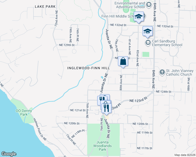 map of restaurants, bars, coffee shops, grocery stores, and more near 7646 Northeast 125th Street in Kirkland