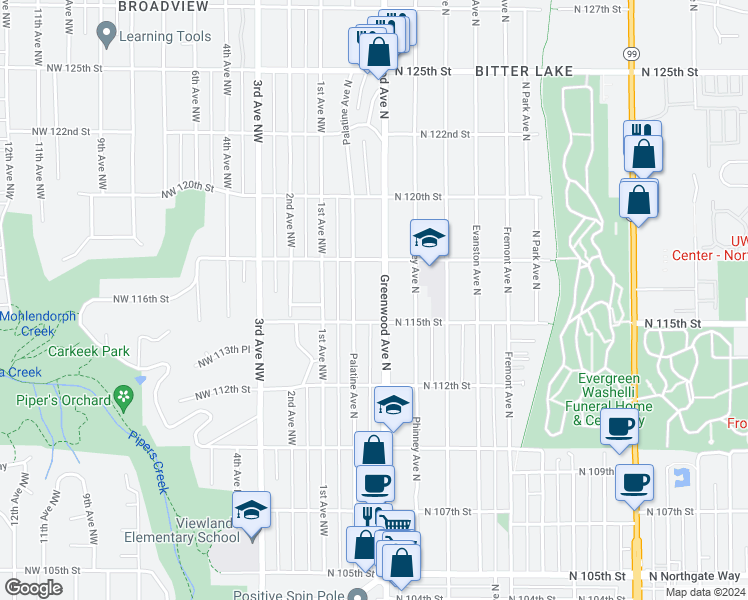 map of restaurants, bars, coffee shops, grocery stores, and more near 11540 Palatine Avenue North in Seattle