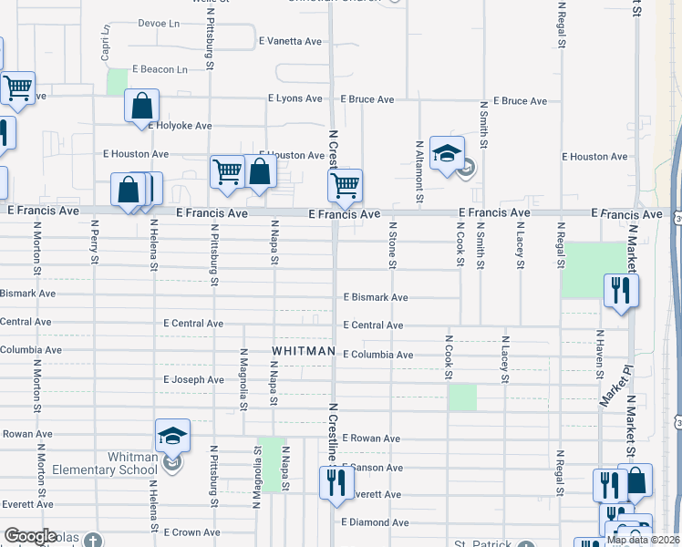 map of restaurants, bars, coffee shops, grocery stores, and more near 2104 East Dalke Avenue in Spokane