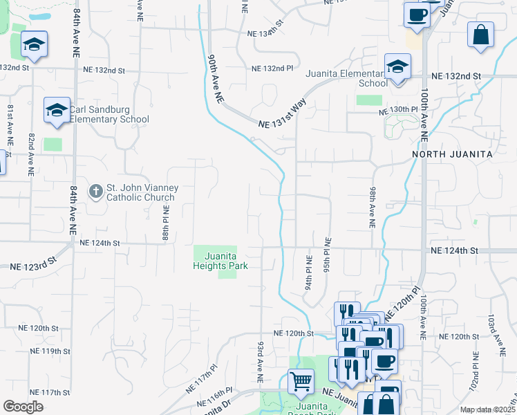 map of restaurants, bars, coffee shops, grocery stores, and more near 9213 Northeast 126th Place in Kirkland
