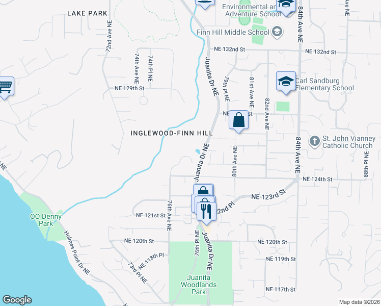 map of restaurants, bars, coffee shops, grocery stores, and more near 7646 Northeast 125th Street in Kirkland