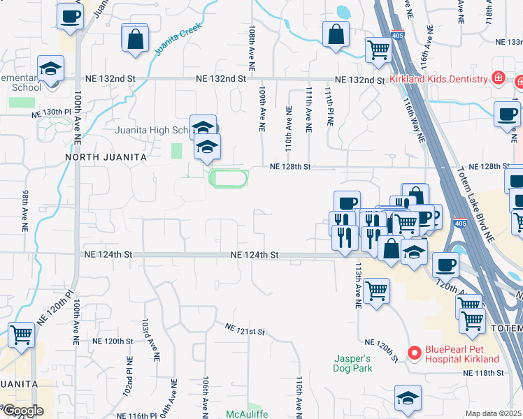 map of restaurants, bars, coffee shops, grocery stores, and more near 12611 109th Court Northeast in Kirkland