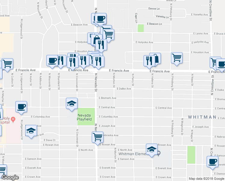 map of restaurants, bars, coffee shops, grocery stores, and more near 1128 East Dalke Avenue in Spokane