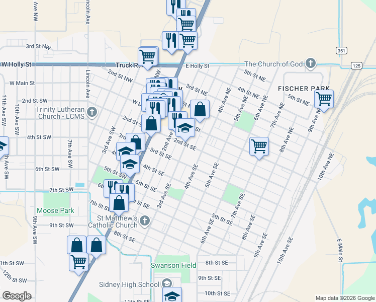 map of restaurants, bars, coffee shops, grocery stores, and more near 200 3rd Avenue Southeast in Sidney
