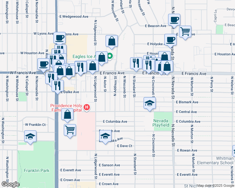 map of restaurants, bars, coffee shops, grocery stores, and more near 6101 North Addison Street in Spokane