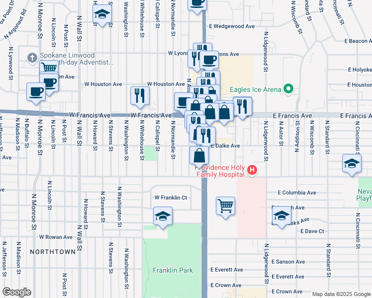 map of restaurants, bars, coffee shops, grocery stores, and more near 6102 North Atlantic Street in Spokane