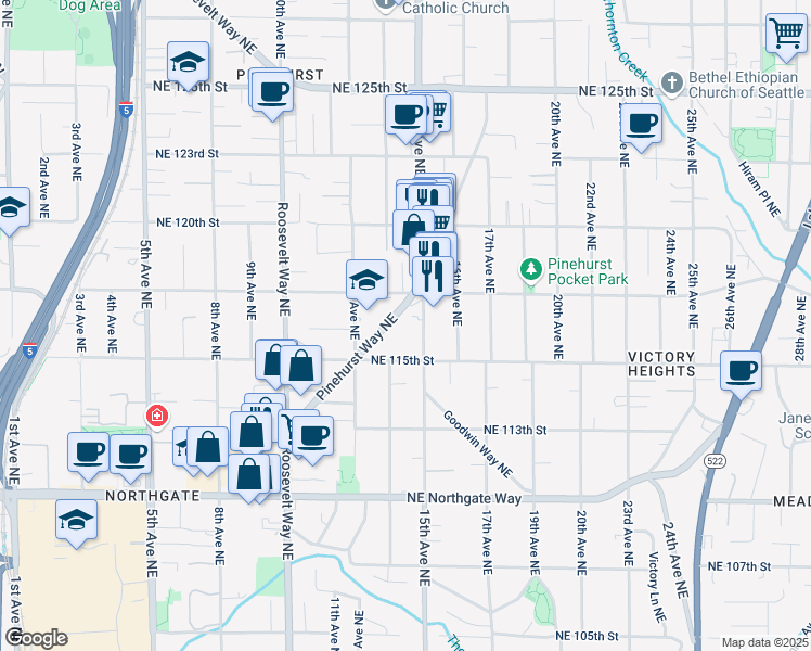 map of restaurants, bars, coffee shops, grocery stores, and more near 11646 15th Avenue Northeast in Seattle