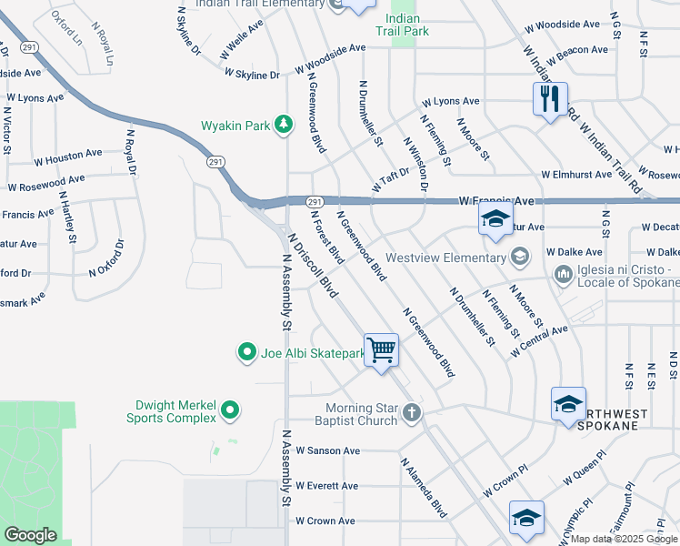 map of restaurants, bars, coffee shops, grocery stores, and more near 5925 North Forest Boulevard in Spokane