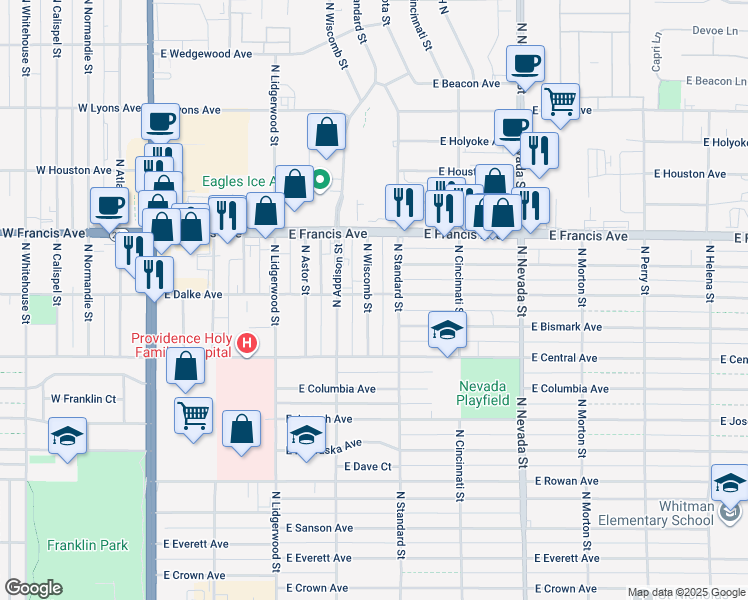 map of restaurants, bars, coffee shops, grocery stores, and more near 523 East Dalke Avenue in Spokane