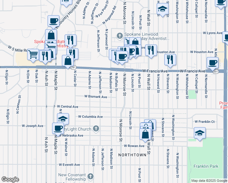 map of restaurants, bars, coffee shops, grocery stores, and more near 6017 North Buffalo Street in Spokane