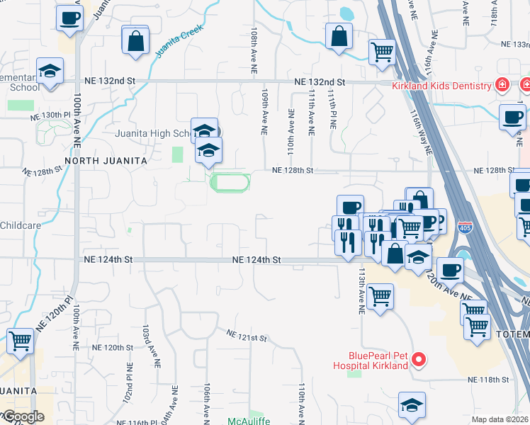 map of restaurants, bars, coffee shops, grocery stores, and more near 12602 109th Court Northeast in Kirkland
