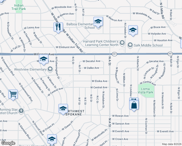 map of restaurants, bars, coffee shops, grocery stores, and more near 3105 West Dalke Avenue in Spokane