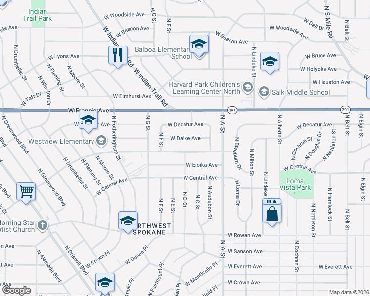 map of restaurants, bars, coffee shops, grocery stores, and more near 3105 West Dalke Avenue in Spokane