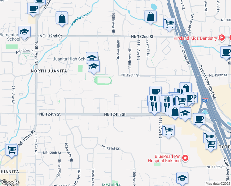 map of restaurants, bars, coffee shops, grocery stores, and more near 12601 109th Court Northeast in Kirkland
